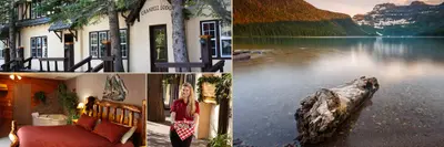 Crandell Mountain Lodge exterior in winter with snow-covered patio and rustic alpine architecture