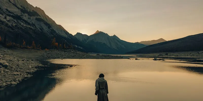 Hiker in backpack standing at alpine lake with Fairmont Jasper Park Lodge mountain views at golden hour.
