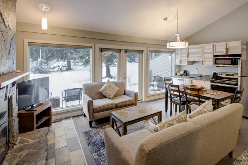 Cabin living area interior at Juniper Hotel
