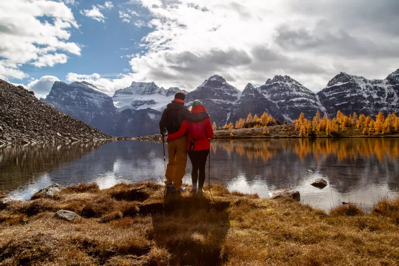 Panoramic mountain view from Juniper Hotel with larch trees