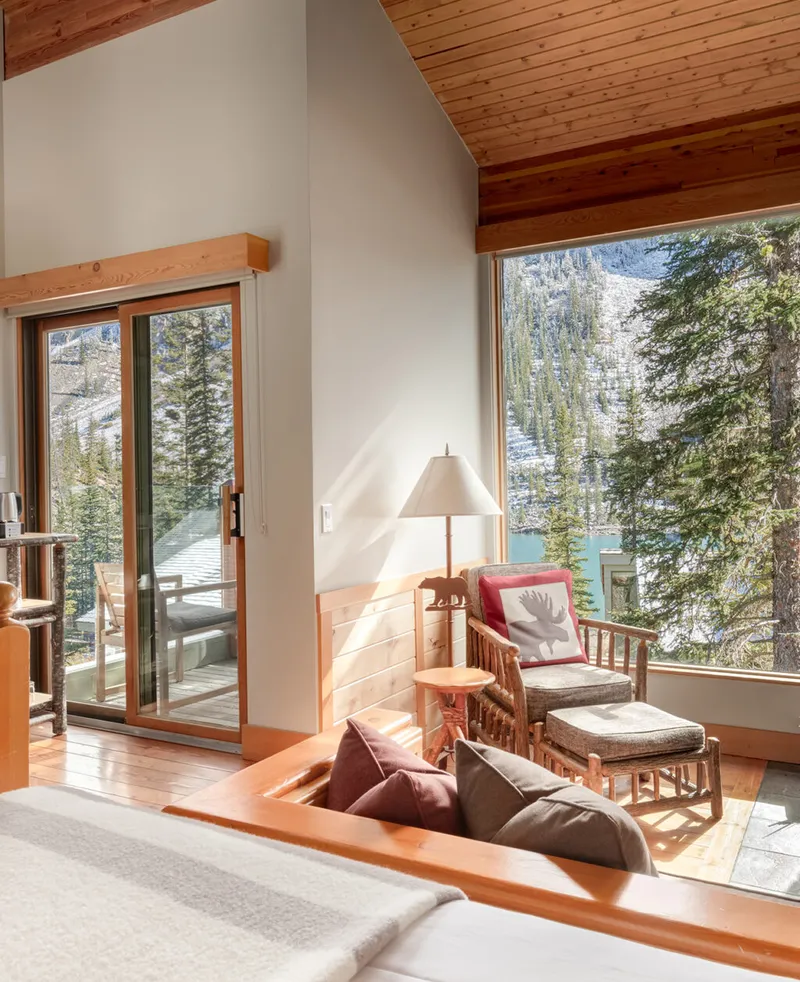 Deluxe king room interior with rustic decor