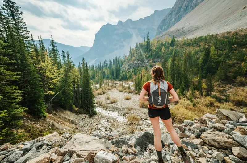 Hiker with backpack overlooking Shadow Lake Lodge valley with coniferous forest and mountain peaks.