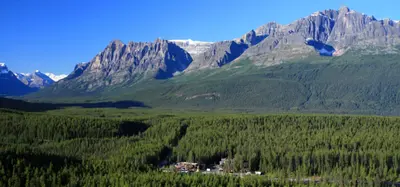 Sunwapta Falls Rocky Mountain Lodge nestled in dense conifer forest beneath jagged peaks.